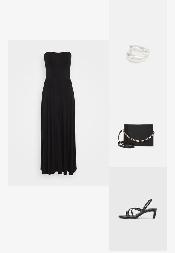 Crna maksi haljina bez naramenica izrađena od rastezljivog materijala, s pripijenim topom i lepršavom suknjom sa nabranim detaljima za dodatni volumen.; Crne sandale s trakama, kvadratnim prstom i niskom blok petom. Ima više tankih trakica i podesivu trakicu oko gležnja. Izrađene su od glatke kože.; Crna kožna torba preko tijela s glatkom teksturom, pravokutnim oblikom i metalnim lancem na prednjoj strani. Uključena je podesiva naramenica.; Srebrna dvostruka prsten s glatkom, poliranom površinom. Karakterizira ga fluidan, zakrivljen dizajn s preklapajućim sekcijama za moderan izgled.