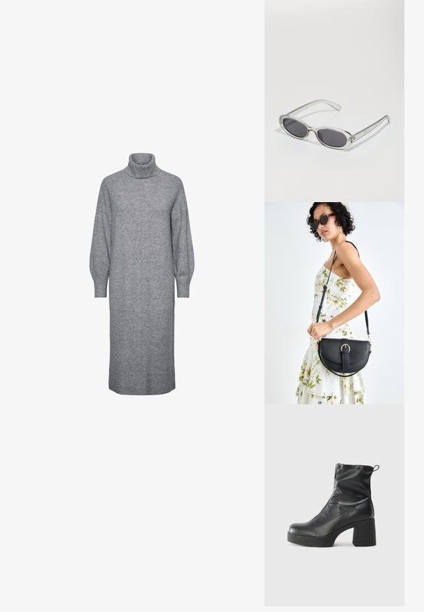 Vestido de malha cinza com um alto decote em bé. Mangas longas e bufantes, e uma silhueta reta até ao joelho. Apresenta punhos e barra canelados.; Botas de tornozelo pretas feitas de couro liso, com fecho lateral, salto grosso texturizado e design de bico arredondado.; Óculos de sol com formato oval, armação de plástico transparente, lentes cinza-escuro e hastes finas transparentes com detalhes do logótipo e um design minimalista.; Bolsa de couro preta com forma curva, alça destacável e detalhes em dourado. A bolsa possui uma aba com detalhe de fivela.