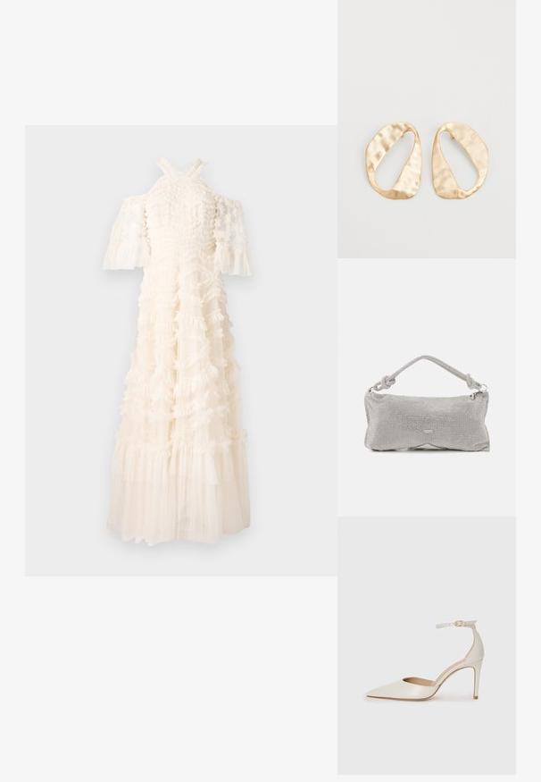 White dress with ruffled fabric, off-the-shoulder sleeves, and a flowing skirt. Textured design with layered ruffles and sheer elements.; White leather high-heeled shoe with a pointed toe, ankle strap, and a slim stiletto heel. Smooth texture with subtle glossy finish.; Metal mesh shoulder bag in silver, featuring a knotted handle, zip closure, and geometric body shape with a smooth texture.; Pair of irregular oval-shaped gold-toned metal earrings with a textured, slightly hammered surface on a white background.
