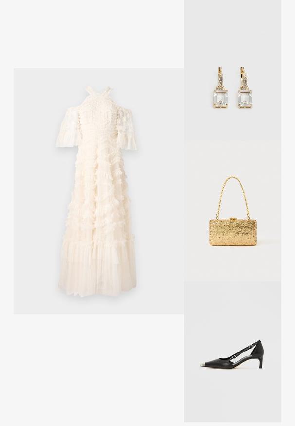 White dress with ruffled fabric, off-the-shoulder sleeves, and a flowing skirt. Textured design with layered ruffles and sheer elements.; Black leather kitten heel with pointed silver toe cap and dual buckle straps on a white background.; Gold sequin clutch with a rectangular shape, featuring a twisted chain handle and a metal clasp closure, reflecting light with a textured finish.; Gold-tone earrings featuring a rectangular, clear crystal dangling below a row of small, round clear accents. Sleek, modern design.