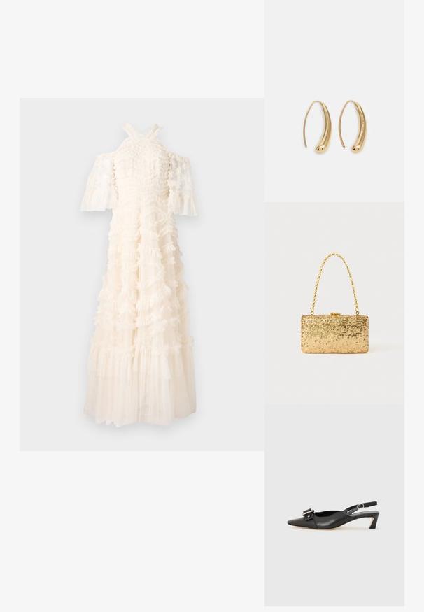 Robe blanche avec tissu froncé, manches dénudées, et jupe fluide. Design texturé avec des volants superposés et des éléments translucides.; Chaussure slingback en cuir noir avec un bout pointu, un petit talon et un détail de boucle décoratif sur le dessus. Texture lisse, design minimaliste.; Pochette en sequins dorés de forme rectangulaire, dotée d'une poignée en chaîne torsadée et d'une fermeture à fermoir en métal, réfléchissant la lumière avec une finition texturée.; Boucles d'oreilles en métal doré en forme d'anneau, avec une forme courbée et allongée. Elles présentent une surface lisse et brillante avec une pointe arrondie pour un détail supplémentaire.