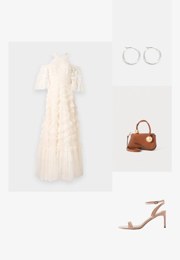 Balta kleita ar saknēm audumā, plecus atsedzošas piedurknes un plūstošu svārku. Tekstūru dizains ar slāņotām saknēm un caurspīdīgiem elementiem.; Next FOREVER COMFORT SIMPLE REGULAR FIT - Sandales - nude; Burgundijas ādas rokassoma ar viļņotu dizainu, kurai ir divi apaļi zelta akcenti un noņemams plecu siksna, nodrošinot daudzveidīgu nēsāšanu.; Sudraba riņķa auskariem ir gluda, noapaļota forma ar plānu profilu un drošu aizdari. Minimālistisks stils ar izpolētu apdari.