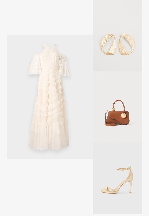 Λευκό φόρεμα με ρυιδωτό ύφασμα, μανίκια που πέφτουν στους ώμους, και μια ρέουσα φούστα. Υφή με στρώσεις ρυιδωτών και διάφανα στοιχεία.; Χρυσό μεταλλικό ψηλοτάκουνο σανδάλι με ανοιχτό μπροστινό μέρος, λουράκι στον αστράγαλο με αγκράφα, και πλατφόρμα για επιπλέον ύψος. Λείο υλικό.; Καφέ δερμάτινη τσάντα χειρός με κυματιστό σχέδιο, που διαθέτει δύο κυκλικές χρυσές λεπτομέρειες και αποσπώμενο ιμάντα ώμου για ευέλικτη μεταφορά.; Ζευγάρι από ανώμαλα οβάλ σκουλαρίκια σε χρυσό τόνο από μέταλλο με υφή, ελαφρώς σφυρηλατημένη επιφάνεια σε λευκό φόντο.