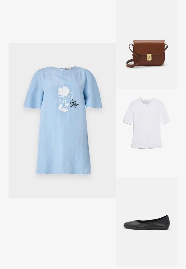 Šviesiai mėlyna trumpomis rankovėmis suknelė su iškirptais kraštais, papuošta baltais gėlių siuvinėjimais ir juodu tekstu "Ne tik gražus veidas."; Balta trumpa rankovėmis marškinėliai, pagaminti iš pasiruošusio audinio. Apvali iškirptė, reguliari tinkamumas ir subtilūs siuvimo detalės. Be raštų ar grafikos.; Juodai odiniai baletai su apvaliu pirštu, lygi texture, minimalus siuvimo detales ir lanksčiu padų dizainu.; Ruda odinė rankinė su uždaromu dangteliu, aukso spalvos detalėmis, petneša ir lygiu paviršiumi. Kompaktiška stačiakampio formos.