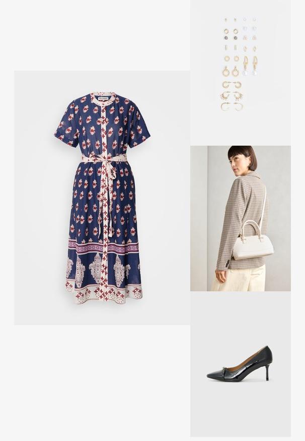Rochie bleu marin cu un model floral în roșu și alb, mâneci scurte, închidere cu nasturi pe față și o curea asortată la talie.; Pantofii cu toc înalt din piele lacuită neagră, cu vârf ascuțit, detalii decorative cu curea în față și toc subțire tip stiletto.; Geantă structurată albă, cu mânere scurte și curea de umăr, având accente din metal aurit și material texturat, expusă pe un fundal gri.; Set de cercei aurii, cu diverse designuri, inclusiv cercei tip stud, cercei hoop și cercei lungi cu perle și strassuri.