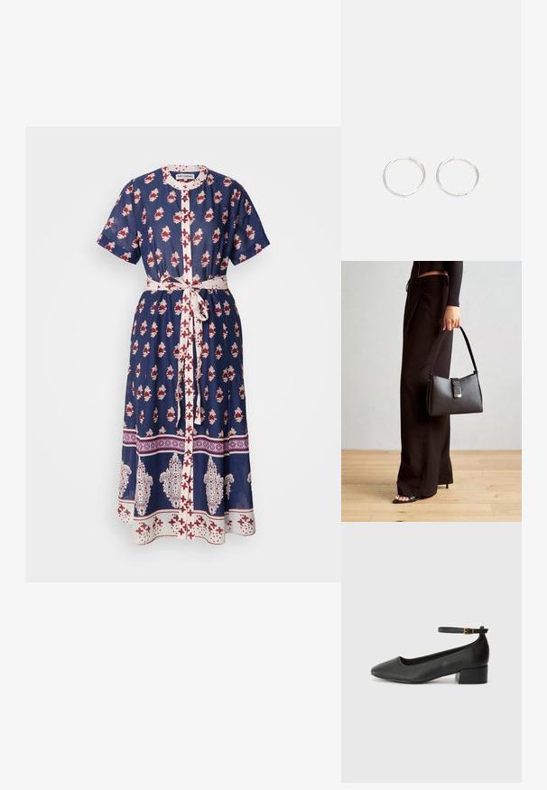 Rochie bleu marin cu un model floral în roșu și alb, mâneci scurte, închidere cu nasturi pe față și o curea asortată la talie.; Pantof cu toc negru din piele, cu vârf ascuțit și toc mic pătrat. Dispune de o curea la gleznă cu o cataramă în tonuri de aur. Textură netedă.; Genți negre cu o formă structurată, textură netedă și un închizător metalic. Asortată cu pantaloni negri largi și sandale cu vârf deschis pe un podea din lemn.; Cercei din argint cu un design elegant și rotund, având o suprafață netedă și fără embellismente vizibile. Diametrul nu este specificat.
