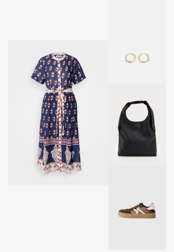 Námořnické modré šaty s květinovým vzorem v červené a bílé barvě, krátké rukávy, zapínání na knoflíky vpředu a odpovídající pásek v oblasti pasu.; Hnědé a krémové tenisky s kombinací semiše a saténu, které mají tři diagonální pruhy a texturovanou gumovou podrážku.; Černá kožená kabelka s velkým otevřeným vrchem a jedním ramenním popruhem. Měkká textura, minimalistický design, s jemnými kovovými detaily.; Zlaté kruhové náušnice s texturovaným, nepravidelným tvarem. Disponují bezproblémovým uzávěrem a leštěným povrchem, což zdůrazňuje moderní design.