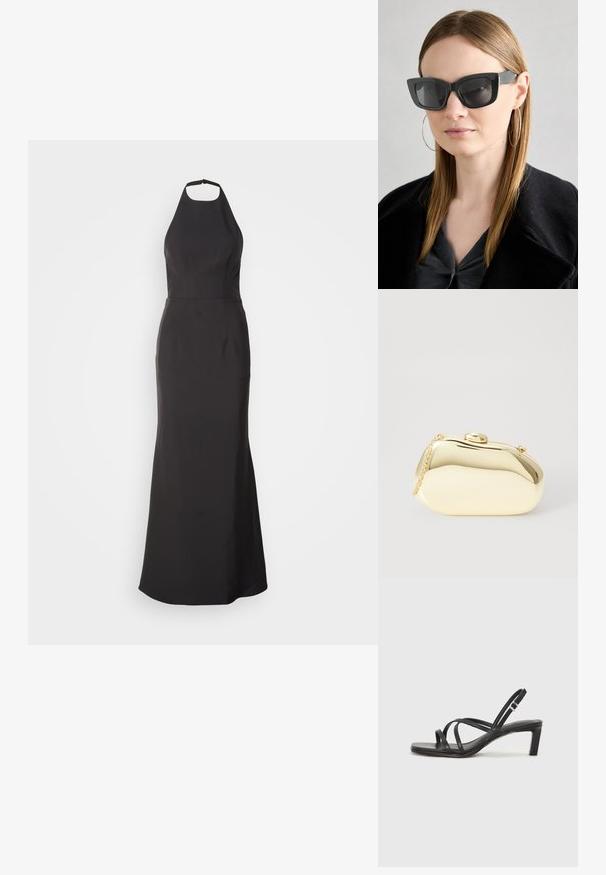 Mustmust halter kaelusega õhtukleit, millel on tihedalt kehaümber jõudnud pealosa ja laienev seelik. Valmistatud siledast kangast, millel on puhtad jooned ja nähtavaid mustreid pole.; Mustast rihmajalatsid ruudukujulise varba ja madala ploki kontsaga. Omab mitmeid õhukesi rihmasid ja reguleeritavat pahkluu rihma. Valmistatud siledast nahast.; Must musta prillid tumedate läätsedega, paksude raamidega ja tagasihoidlike aktsentidega. Kantud musta jope ja halli särkiga, pikki sirgeid juukseid kandes.; Kuldne metallist käekott sujuva, ümarate kujude ning ülemise nupuvajutusega kinnitusega. Koti küljes on väike kett, et oleks mugav kanda.