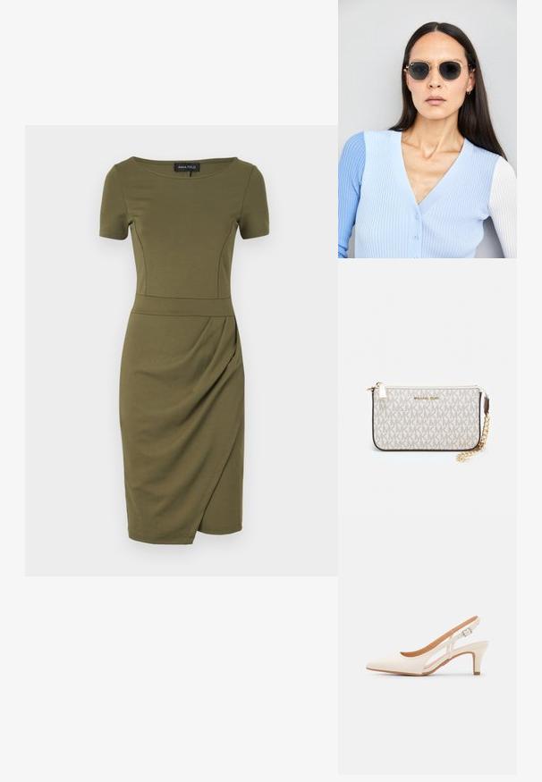 Φόρεμα σε ελιωτό πράσινο χρώμα, εφαρμοστό, με κοντά μανίκια, στρογγυλή λαιμόκοψη και λεπτομέρεια με κρέμασμα στο πλάι. Φτιαγμένο από λεία, ελαστική ύφανση.; Λευκή γόβα slingback με μυτερή μύτη, λείο υλικό επάνω, χαμηλό τετράγωνο τακούνι και σχέδιο με κοπή στο πλάι με ρυθμιζόμενο λουρί κουμπώματος.; Στρογγυλά γυαλιά ηλίου με σκούρους φακούς και χρυσά σκελετό. Το μοντέλο φοράει ένα ανοιχτό μπλε, ριχτό cardigan με κουμπιά και αντίθετους λευκούς μανίκες.; Πορτοφόλι Michael Kors σε μπεζ επεξεργασμένο καμβά με επαναλαμβανόμενο μοτίβο λογοτύπου MK, χρυσές λεπτομέρειες και αποσπώμενη αλυσίδα.