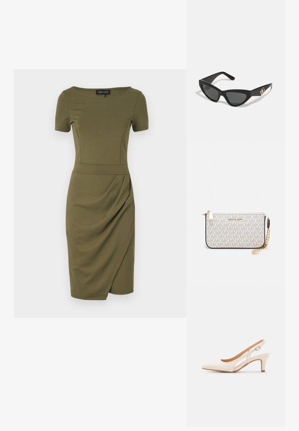 Oliwkowa dopasowana sukienka z krótkimi rękawami, okrągłym dekoltem i bocznymi falbanami. Wykonana z gładkiego, elastycznego materiału.; Biała szpilka slingback z ostrym noskiem, gładkim materiałem wierzchnim, niskim obcasem blokowym oraz wycięciami po bokach i regulowanym paskiem z klamrą.; Okulary przeciwsłoneczne w kształcie kocich oczu z matową czarną oprawką z plastiku, ciemnymi soczewkami oraz złotym akcentem z logo na zausznicy. Kanciasty kształt i gładka tekstura.; Portfel na nadgarstek marki Michael Kors w beżowej, pokrytej płótnem, z powtarzającym się wzorem logo MK, złotym okuciem i odpinanym łańcuszkowym paskiem.