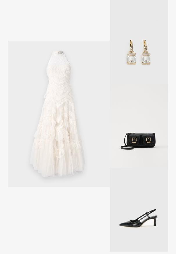 Valge õhtukleit, mis sisaldab kihilisi tülli detaile koos volangidega, kõrge kaelusega ning pika, voolava siluetiga. Struktuurne ja kerge kangas.; Mustmust paelad, millel on terav varvas, tekstuuriga maduprindiga, reguleeritav rihm ja lühike tekstuuriga plokknina.; Must küllastamata nahast õlakott, millel on kaks esist nähtavat taskut, kuldsed pandlad, tõmblukuga sulgemine ja peen rihm. Tekstuuriga pind ja kompaktne ristkülikukujuline kuju.; Kuldtooni kõrvarõngad, millel on ristkülikukujuline, selge kristall, mis ripub allapoole väikeste ümmarguste selgete aktsentide rida. Viimistletud, kaasaegne disain.
