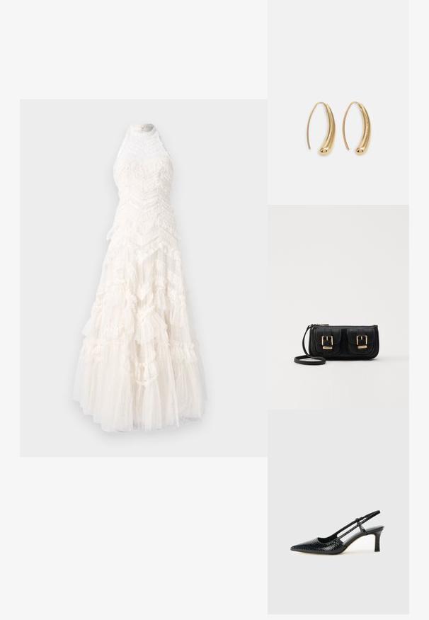 Weißes Abendkleid mit schichtweise Tüll und Rüschendetails, hohem Ausschnitt und einer langen, fließenden Silhouette. Strukturierter und leichter Stoff.; Schwarze Lack-Slingback-Pumps mit spitzem Zehenbereich, versehen mit strukturiertem Schlangenprint, verstellbarem Riemen und einem kurzen, strukturierten Blockabsatz.; Schwarze Leder-Umhängetasche mit zwei vorderen Taschen, goldenen Schnallen, Reißverschluss und einem schmalen Tragegurt. Texturierte Oberfläche und kompakte rechteckige Form.; Goldfarbene Metall-Hoops mit einer geschwungenen, länglichen Form. Sie verfügen über eine glatte, glänzende Oberfläche und eine abgerundete Spitze für zusätzliche Details.