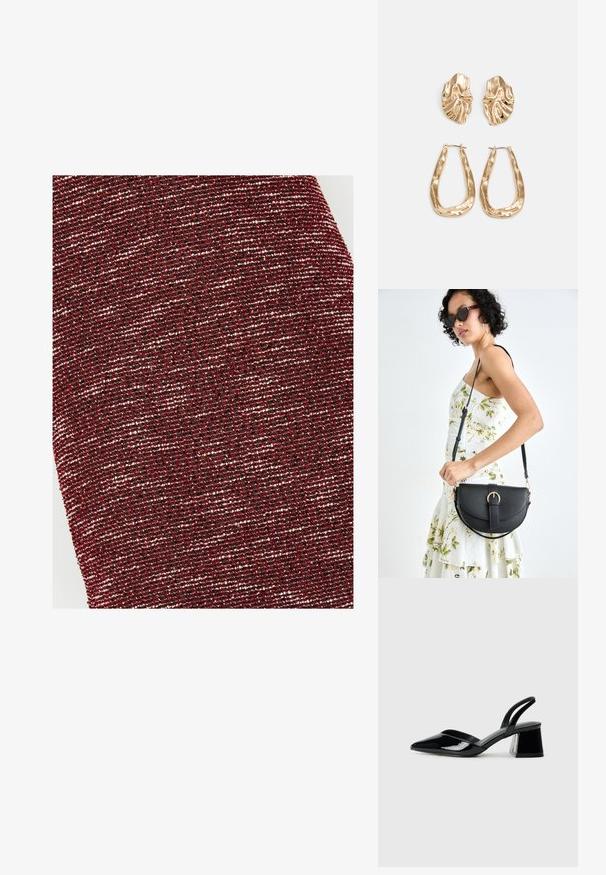 Tumedast punasest kangast hallide sädemete ja kudumise mustriga, mis loob peene läike ja sügavuse. Pehme, paindlik materjal.; Mustad musta lakknahk kingad, millel on terav varvas ja geomeetriline plokkkonts. Omab elegantselt minimalistlikku disaini ja sujuvat tekstuuri.; Mustmust mustraha kõverate joontega, eemaldatava rihmaga ja kuldsete detailidega. Kotil on klapp, millel on pandladetail.; Kuldse värvi kõrvarõngad, mis on kaunistatud tekstuursete ja laineliste kujunditega. Komplektis on skulpturaalsed klamber kõrvarõngad ja avatud rõngasdisain, millel on lõhestatud viimistlus.