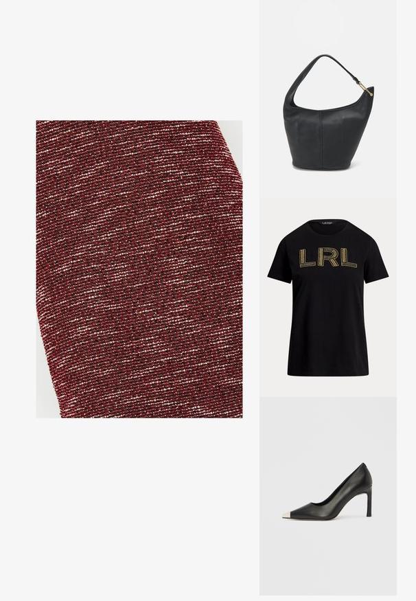 Teksturowana tkanina w ciemnoczerwonym kolorze z srebrnymi drobinkami, posiadająca pleciony wzór, który tworzy subtelny blask i głębię. Miękki, elastyczny materiał.; Czarny bawełniany t-shirt z krótkim rękawem z złotą haftowaną aplikacją "LRL" z przodu. Okrągły dekolt, luźny krój, gładka tekstura.; Czarny skórzany but na wysokim obcasie z ostrym noskiem i metaliczną srebrną nasadką. Posiada gładkie wykończenie i smukły obcas o wysokości 10 cm.; Czarna skórzana torebka o okrągłym kształcie, z szerokim paskiem i teksturowanym wykończeniem. Posiada subtelny detal szwu i akcenty w odcieniu złota.