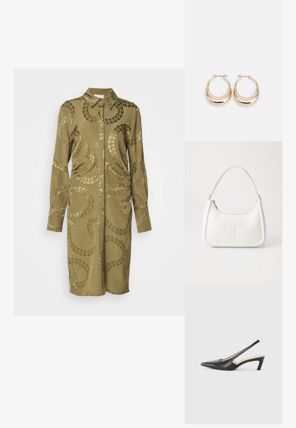 Olivovo zelené šaty košeľového strihu s dlhými rukávmi, golierom a detailmi s reťazovým vzorom. Tkanina má hladkú textúru a presne strihnutý siluetu.; Čierne slingback topánky s ostrou špičkou a nízkym opätkom, vyrobené z hladkej kože a s výrezmi na boku pre lepšiu priedušnosť.; Biela kožená kabelka s zakriveným tvarom, na prednej strane s embosovaným logom "CK" a jedným ramenným popruhom. Zipsové zapínanie navrchu.; Zlaté kruhové náušnice s polmesiacovým tvarom, lešteným povrchom a pántovým uzáverom. Hladká textura a reflexný lesk zvyšujú viditeľnosť.