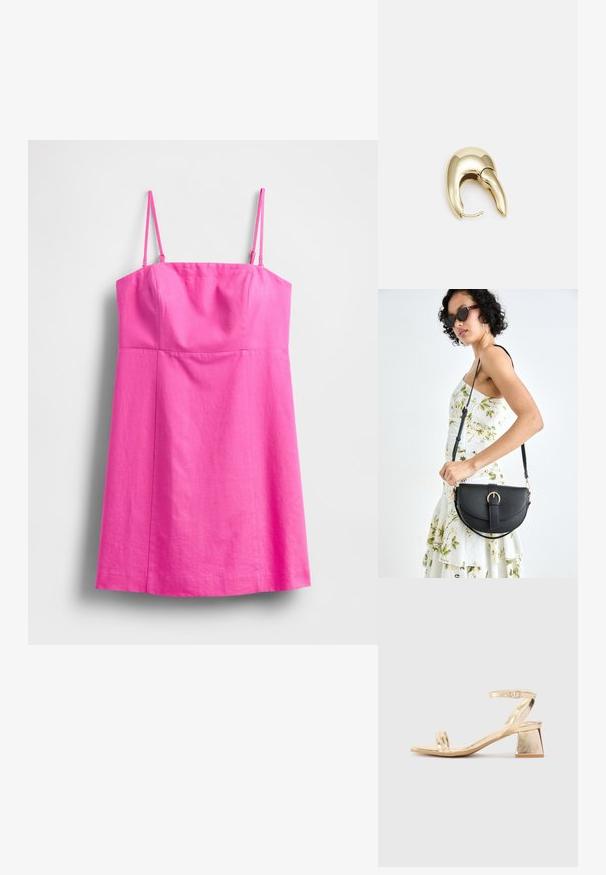 Rosa ärmlös klänning med tunna axelband, en åtsittande överdel och en luftig kjol. Tillverkad av lätt tyg med en mjuk textur.; Guldmetalliska klacksandaler med en kantig blockklack, två remmar över foten och en justerbar vristrem. Slät textur.; Svart läderhandväska med en böjd form, avtagbar rem och guldiga detaljer. Väskan har ett lock med en spänndetalj.; Örhänge i guldtonad metall med en elegant, böjd design. Har en distinkt spetsig form, polerad yta och gångjärnslås.