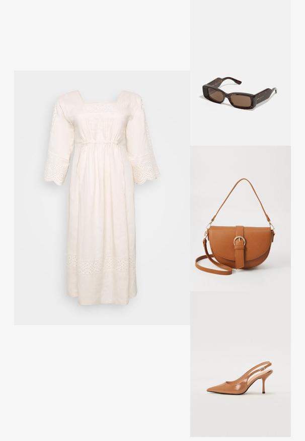 Robe en lin blanc avec un décolleté carré, des manches courtes évasées et une bordure décorative en œillets. Elle présente une taille froncée et une longueur jusqu'aux chevilles.; Escarpin à talon slingback à bout pointu en matériau beige lisse et brillant. Présente un design de découpes courbées et un talon aiguille fin. Détail de boucle en argent.; Lunettes de soleil Gucci avec des verres bruns rectangulaires, une monture en acétate écaille de tortue et des détails en or avec le logo sur les branches.; Sac bandoulière en cuir marron avec une forme incurvée, quincaillerie dorée et un accent en boucle. Comprend une bandoulière détachable.