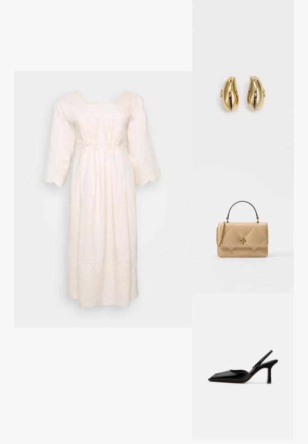 Hvid linned kjole med firkantet halsudskæring, korte flæseærmer og dekorativ broderet kant. Har en samlet talje og ankel-længde kant.; Sort læder slingback hæl med spids tå, minimalistisk design, tynd ankelrem og en slank stiletto hæl. Glat tekstur.; Quilted beige læder håndtaske med guldfarvet hardware, kædestropp og et håndtag. Har en frontklap og signaturlogo detaljer.; Guldringede øreringe med et flydende, buet design. Hver ørering har en glat overflade og en lille lukning med en dekorativ detalje.