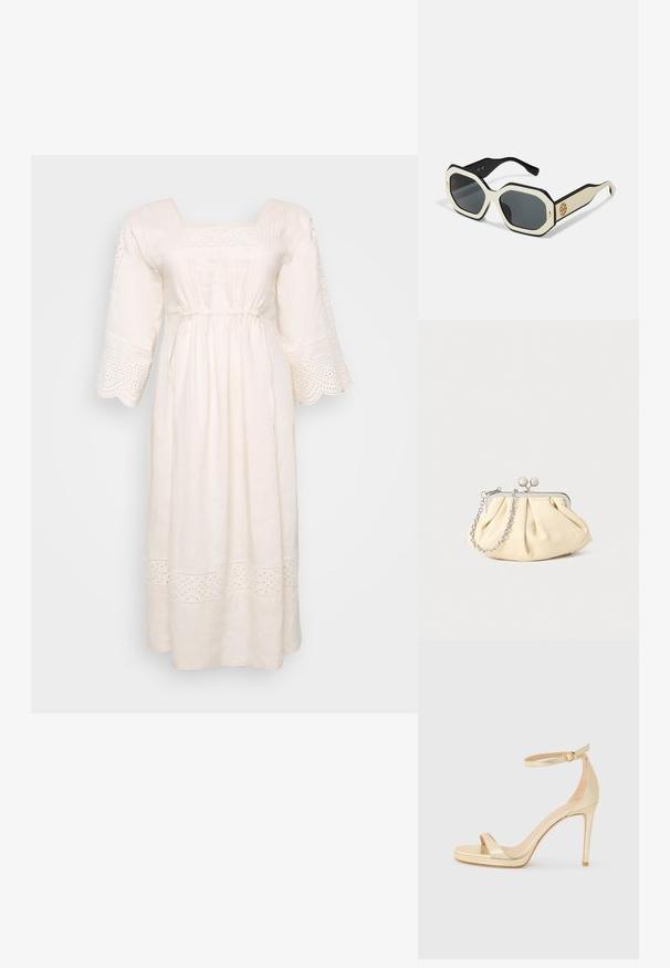 Vestido de lino blanco con escote cuadrado, mangas cortas acampanadas y borde decorativo de ojales. Presenta una cintura fruncida y un dobladillo hasta el tobillo.; Sandalia de tacón alto metálica dorada con punta abierta, correa en el tobillo con hebilla y suela de plataforma para mayor altura. Textura suave.; Gafas de sol con un marco octagonal blanco, bordes negros y lentes grises. Un detalle del logo dorado en el lateral añade un acento distintivo.; Clutch de cuero beige plisado con un marco de metal plateado, que cuenta con dos broches decorativos redondos y una correa de cadena plateada.