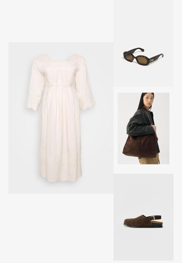 Weißes Leinenkleid mit quadratischem Ausschnitt, kurzen, ausgestellten Ärmeln und dekorativem Lochmusterbesatz. Mit gerafftem Taillenbereich und knöchellangem Saum.; Braune Wildleder-Ballenrutscher mit niedrigem Absatz, verstellbarem Riemen mit silberner Schnalle und schwarzer Gummisohle.; Schildpatt-Sonnenbrille mit ovalen Fassungen, braunen getönten Gläsern und "Chloé"-Markierung am Bügel. Glattes Kunststoffmaterial mit glänzender Oberfläche.; Braune Wildleder-Tasche mit breiter Form und weicher Textur, ausgestattet mit einem einzigen Tragegurt und minimalem Zubehör vor einem neutralen Hintergrund.