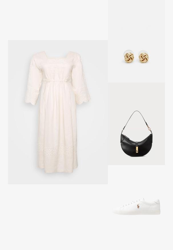 Biała lniana sukienka z prostokątnym dekoltem, krótkimi rozkloszowanymi rękawami i dekoracyjnym wykończeniem w kształcie oczek. Posiada marszczoną talię oraz długość do kostek.; Białe skórzane sneakersy, niskoprofilowy design, charakteryzujące się gładką fakturą, okrągłym noskiem, sznurowanym przodem i małym haftowanym logo z boku.; Czarna skórzana torebka w kształcie półksiężyca. Ma złote akcenty i wąski pasek. Gładka tekstura, zamek błyskawiczny na górze.; Złote kolczyki w kształcie węzła z twisted design. Każdy kolczyk posiada okrągłe, przezroczyste oparcie zapewniające pewność noszenia.