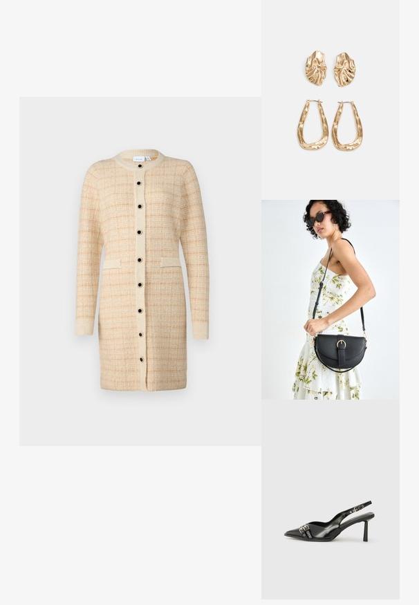 VILA VIAUDREY DRESS - Strickkleid - birch/doe skin; Schwarzer Lackleder Slingback-Schuh mit spitzem Zehenbereich, Knöchelriemen mit silbernen Schnallen und Beschlägen sowie einem schlanken Absatz.; Schwarze Lederhandtasche mit geschwungener Form, abnehmbarem Tragegurt und goldenen Beschlägen. Die Tasche verfügt über einen Deckel mit einer Schnallen-Details.; Ohrringe in Goldoptik mit strukturierten, gewellten Formen. Beinhaltet skulpturale Clip-Ohrringe und ein offenes Hoop-Design mit gehämmertem Finish.