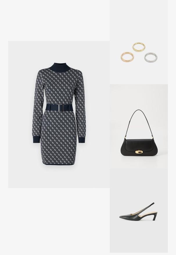 Marine kjole med lange ærmer, høj halsudskæring, mønstret tekstur og et matchende bælte med en rektangulær spænde. Udsmykket med gentagende design.; Sorte spidse slingback-sko med en lav hæl, lavet af glat læder og med udskæringer på siden for åndbarhed.; Sort læderhåndtaske med et buet design, guldfarvet hardware og en øverste håndtag. Har en strømlinet lukning og en glat tekstur.; Tre metalringe: en i rosaguld, en guld med strukturerede detaljer og en i sølv, alle med indgraveret branding på den indre ring.