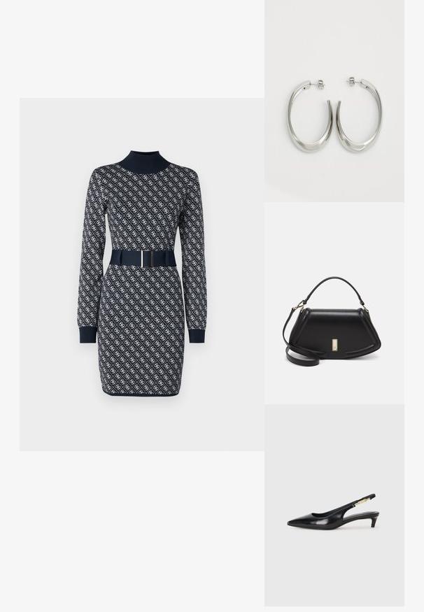 Mornarska haljina dugih rukava, visokog izreza, s uzorkom na tkanini i odgovarajućim remenom s pravokutnom kopčom. Uređena ponavljajućim dizajnom.; Crne kožne sandale s petom, s izduženim vrhom, imaju usku petu i zlatni akcent na podesivoj traci. Glatka tekstura.; Crna kožna torba s strukturiranim dizajnom, s krojenim oblikom, gornjom drškom i zlatnim detaljima. Uključena je podesiva ramena traka.; Srebrne kružne naušnice s glatkim, zakrivljenim dizajnom. Imaju sjajnu metalnu završnu obradu i kopču na tipku. Nema vidljivih uzoraka ili ukrasa.