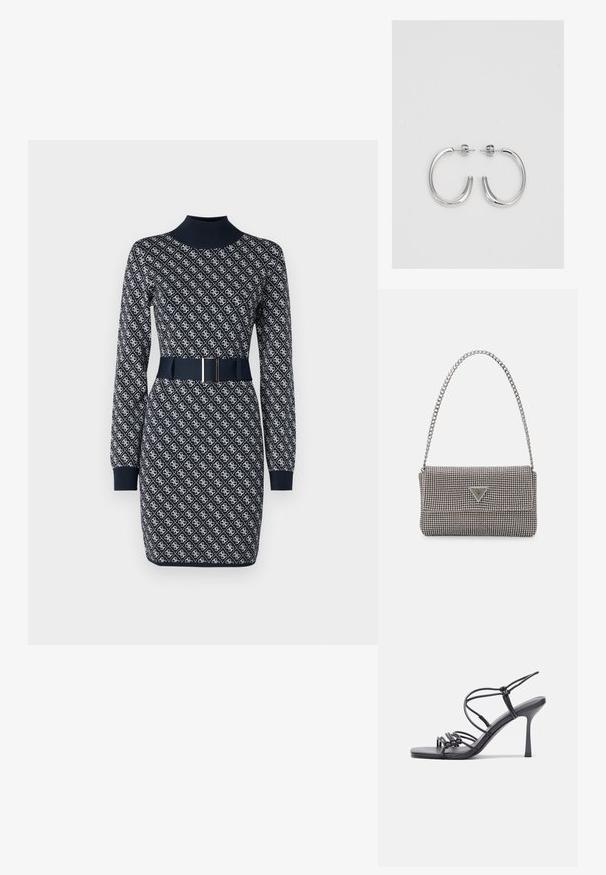 Tumes kleit pikka varrukaga, kõrge kaelusega, mustrilise tekstuuriga ja sobiva vööga, millel on ristküliku kuju pandla. Üksikasjalik korduv disain.; Mustad musta värvi kontsandaalid on varustatud peente rihmadega, millel on sõlmekujundus, siledad ruudukujulised varbad ja stiilne stilettokonts.; Helehall metallik handbags, millel on kett, kaunistatud väikeste ümmarguste metallist õmblustega ja kolmnurkse brändi logoga.; Hõbedased rõngaskõrvarõngad, millel on sile ja läikiv pind. Ümar kuju, kerge disain, millel on post-tagumise kinnituse süsteem.