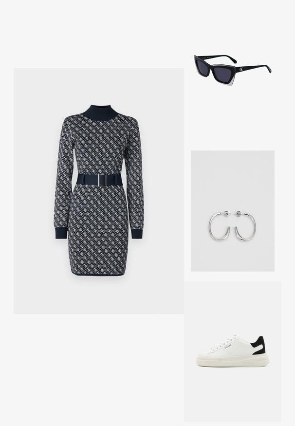 Rochie navy cu mâneci lungi, guler înalt, textură cu model și o curea asortată cu o cataramă rectangulară. Detaliată cu un design repetat.; Adidași din piele albă cu o talpă groasă albă, accent de călcâi din suede negru și logo embosat pe lateral. Design cu șireturi și șase orificii.; Ochelari de soare supradimensionați, negri, cu o formă geometrică, având lentile întunecate și un detaliu gri contrastant pe ramă. Logo pe braț.; Cercei creole din argint cu suprafață netedă și lucioasă, având o formă curbată și închidere cu tija. Design minimalist cu un finisaj modern.
