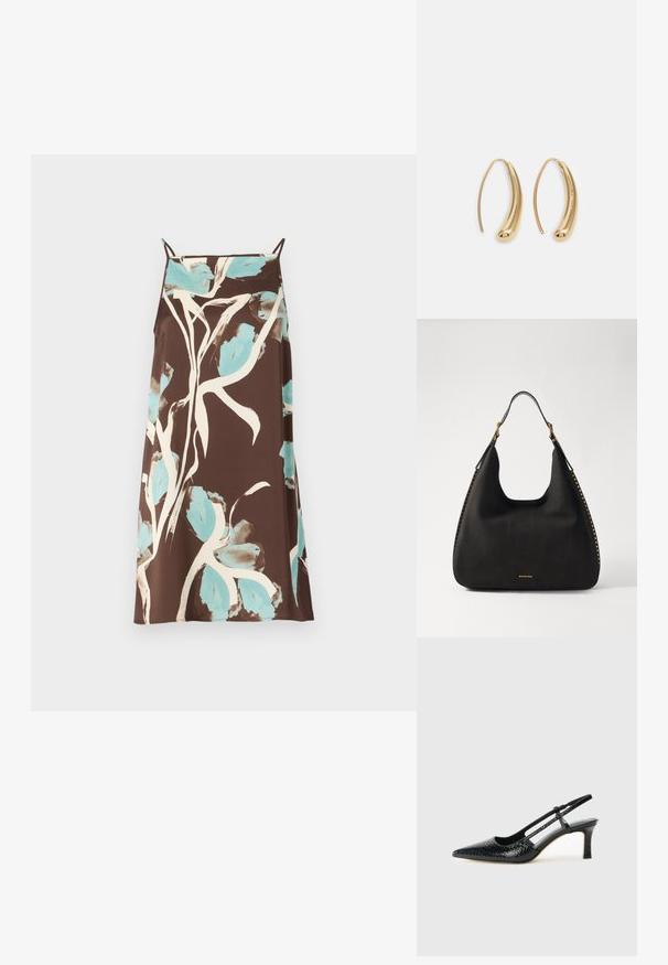 Braunes Kleid mit einem abstrakten Blumenmuster in Hellblau und Weiß. Spaghetti-Träger und eine lockere Passform. Glatte Stofftextur.; Schwarze Lack-Slingback-Pumps mit spitzem Zehenbereich, versehen mit strukturiertem Schlangenprint, verstellbarem Riemen und einem kurzen, strukturierten Blockabsatz.; MICHAEL Michael Kors NOLITA HOBO  - Handtasche - black; Goldfarbene Metall-Hoops mit einer geschwungenen, länglichen Form. Sie verfügen über eine glatte, glänzende Oberfläche und eine abgerundete Spitze für zusätzliche Details.