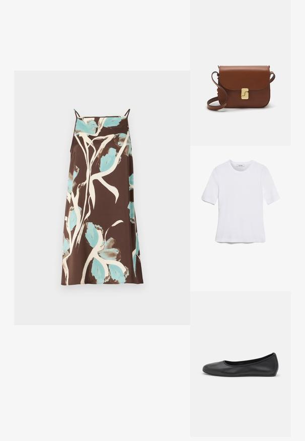 Brun kjole med et abstrakt blomstermønster i lyseblå og hvid. Spaghetti-stropper og en afslappet pasform. Glat stoftekstur.; Hvid kortærmet t-shirt lavet af ribbet stof. Rund halsudskæring, almindelig pasform og subtile syninger. Ingen mønstre eller grafik.; Sort læderballetsko med rund tå, glat tekstur, minimal syning og et fleksibelt såldesign.; Brun læder håndtaske med flaplukning, hardware i gyldent tone, en skulderrem og en glat overflade. Kompakt rektangulær form.