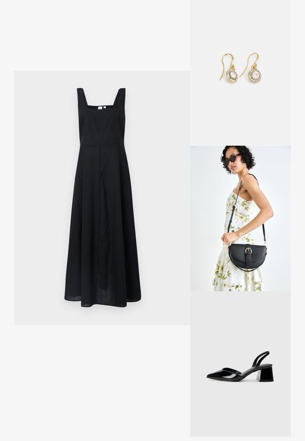 Črna lanena obleka s kvadratnim izrezom, širokimi naramnicami in mehkim krilom, ki doseže do polovice meč. Minimalističen dizajn brez vidnih motivov.; Črne lakirane slingback pete s koničastim nosom in geometrijsko blokasto peto. Imajo eleganten, minimalističen dizajn in gladko teksturo.; Črna usnjena torbica s ukrivljeno obliko, z odstranljivo naramnico in zlatimi dodatki. Torbica ima pokrov s podrobnostmi v obliki zaponke.; Zlato obarvani uhani z ovalnimi prozornimi kristali, ki jih obdajajo manjši prozorni kamenčki, s sistemom za oblačenje za varno nošenje.