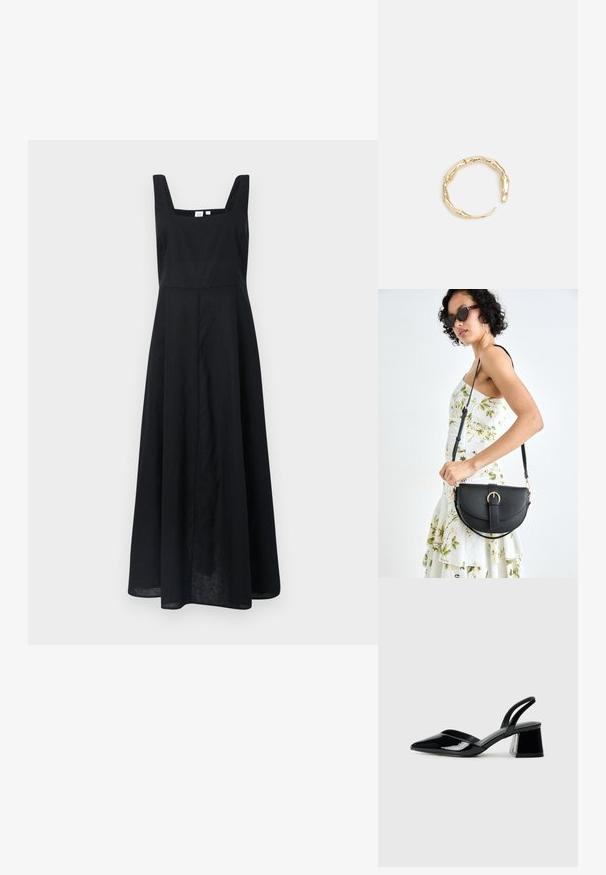 Čierne ľanové šaty so štvorcovým výstrihom, širokými ramienkami a voľnou sukňou, ktorá siahá po pol lýtok. Minimalistický dizajn bez viditeľných vzorov.; Čierne lakované kožené sandálové podpätky s špicatou špičkou a geometrickým blokovým podpätkom. Disponujú elegantným, minimalistickým dizajnom a hladkým povrchom.; Čierna kožená kabelka s zaobleným tvarom, odnímateľným popruhom a zlatými doplnkami. Kabelka má klopu s detailom s prackou.; Prsteň v zlatej farbe s organickým, skrúteným dizajnom, hladkým povrchom a zužujúcimi sa koncami, vytvárajúci moderný, sochársky vzhľad.