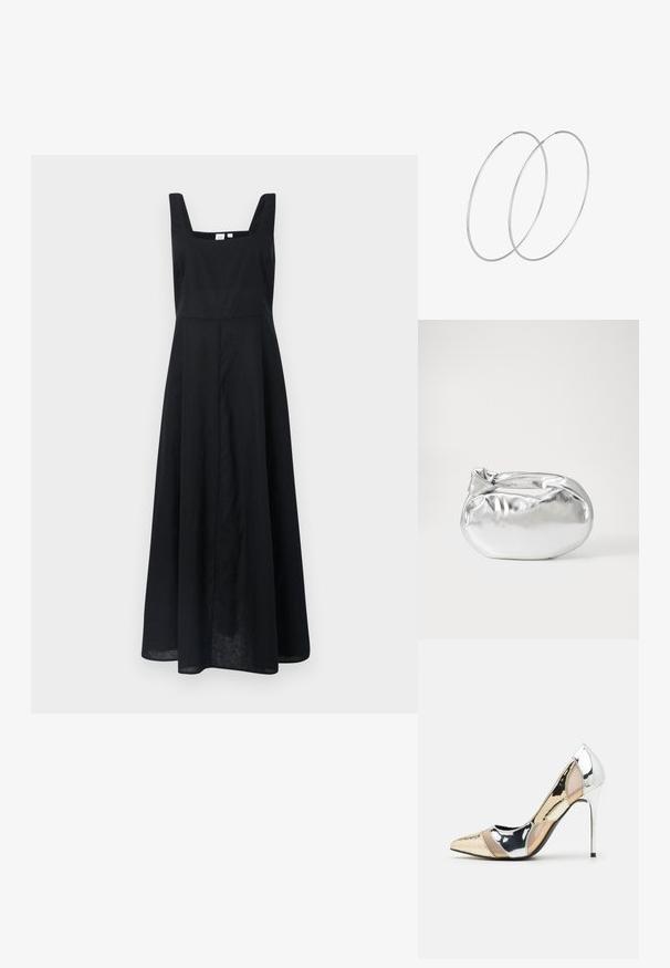Schwarzes Leinenkleid mit quadratischem Ausschnitt, breiten Trägern und einem fließenden Rock, der bis zur Mitte der Waden reicht. Minimalistisches Design ohne sichtbare Muster.; Spitz zulaufender High-Heel-Schuh in einer Farbgestaltung aus Silber, Gold und Nude. Glänzende Oberfläche mit Ausschnittdesign und stiletto Absatz.; Silberne metallic Pouch-Tasche mit einer sanften, abgerundeten Form und einem geknoteten Verschluss oben. Hergestellt aus glattem Kunstleder.; Silberne Creolen mit minimalistischem Design. Rundform, glatte Oberfläche und dünnes Profil. Leichtgewichtig mit hochglänzender Oberfläche.