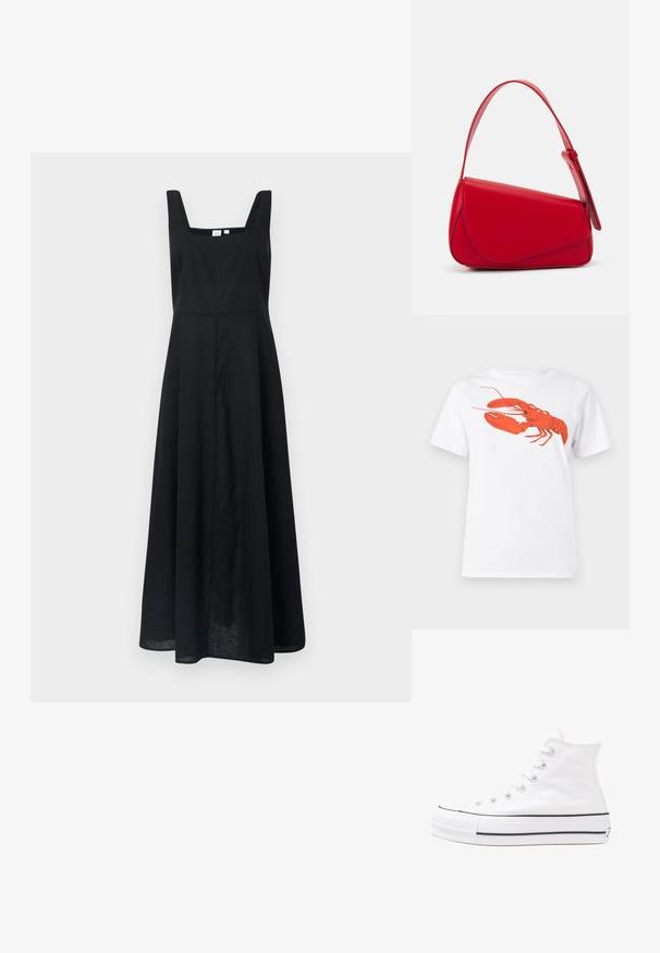 Czarna lniana sukienka z kwadratowym dekoltem, szerokimi ramiączkami i zwiewną spódnicą sięgającą do połowy łydki. Minimalistyczny design, bez widocznych wzorów.; Biała bawełniana koszulka z dużą, jasnoczerwoną grafiką homara na przodzie. Krótkie rękawy i standardowy okrągły dekolt.; Białe wysokie trampki z płótna z czarną gumową podeszwą, przednim czubkiem z gumy i sześcioma dziurkami na sznurowadła, charakteryzujące się prostym, minimalistycznym designem.; Czerwona skórzana torebka o kanciastym, geometrycznym designie. Posiada jedną regulowaną rączkę oraz zapięcie na klapę z przeszyciami.