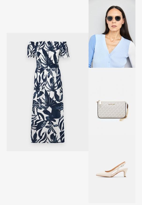 Petnešinė suknelė su tamsiai mėlyna ir balta augalų raštu, elastinga liemenėle ir laisvai krentančia A formos sijonu. Glotnus, lengvas audinys.; Balti slingback kulniukai su smailiu pirštu, lygia viršutine medžiaga, žemu blokuotu kulnu ir šoniniu išpjovimu su reguliuojamu sagtimi.; Apskriti saulės akiniai su tamsiais objektyvais ir auksiniais rėmeliais. Modelis vilki šviesiai mėlyną, raukinį kardiganą su mygtukais ir kontrastingomis baltomis rankovėmis.; Michael Kors rankinė smėlio spalvos dengto kanvoje su pakartotiniu MK logotipo raštu, auksinėmis detalėmis ir nuimamu grandininiu dirželiu.