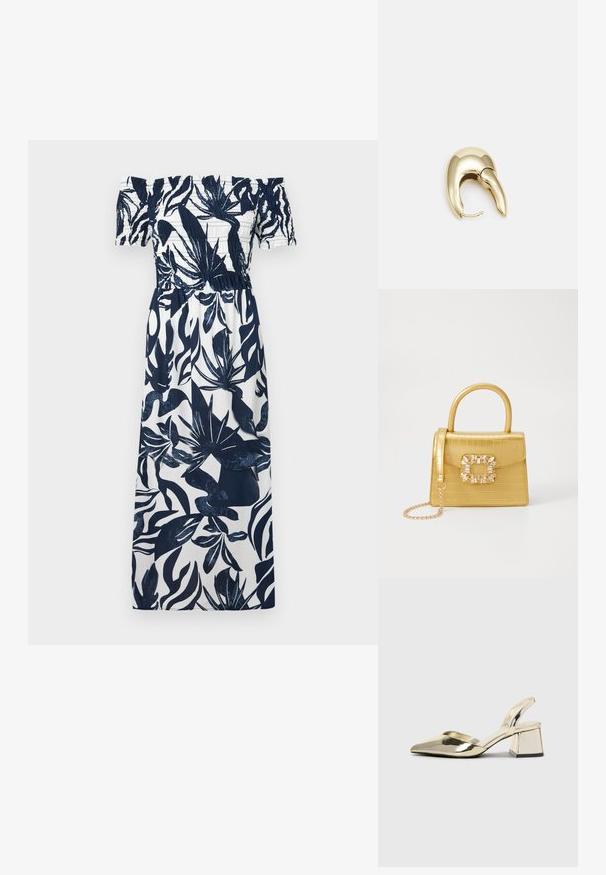 Rochie off-the-shoulder cu un imprimeu botanic alb și bleumarin, corp elastic și fustă în linie A fluidă. Material neted și ușor.; Pantofi cu toc slingback metalici aurii, cu vârf ascuțit și toc chunky. Textură netedă, design minimalist și o curea subțire.; Geantă galbenă din faux-crocodil cu un design structurat, mână superioară, curea detașabilă cu lanț și embellisment decorativ cu cristale pe închidere.; Cercei din metal de culoare aurie cu un design elegant și curbat. Prezintă o formă distinctivă, ascuțită, o suprafață lustruită și un sistem de închidere cu balama.