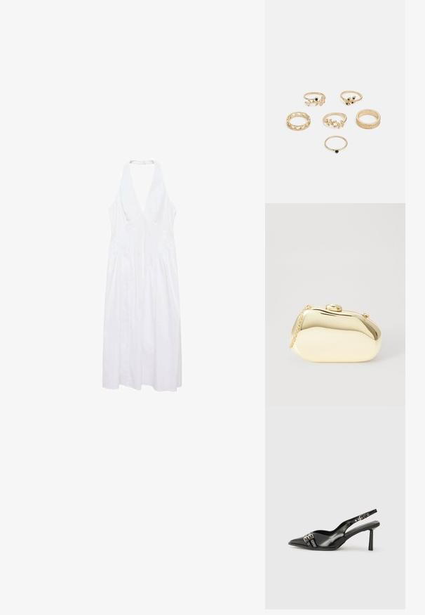 Weißes ärmelloses Kleid mit tiefem V-Ausschnitt, gerafften Seiten und fließender A-Linien-Silhouette. Hergestellt aus leichtem Material.; Schwarzer Lackleder Slingback-Schuh mit spitzem Zehenbereich, Knöchelriemen mit silbernen Schnallen und Beschlägen sowie einem schlanken Absatz.; Metallisch goldene Clutch mit einer glatten, abgerundeten Form, ausgestattet mit einem oberen Druckknopfverschluss und einem kleinen Kettenriemen zum Tragen.; Set aus sechs goldenen Ringen mit verschiedenen Designs: geflochten, mit Blattmotiven und soliden Bändern; einige mit grünen Edelsteinen akzentuiert.