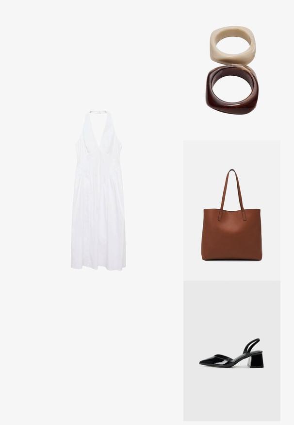 Hvid ærmeløs kjole med dyb V-udskæring, samlet ved siderne og en flydende A-linje silhuet. Fremstillet af letvægtsstof.; Sorte patentlæder slingback hæle med spids tå og en geometrisk blok hæl. Har et elegant, minimalistisk design og en glat tekstur.; Brun læder tote taske med en glat overflade, åben topdesign og to skulderremme. Har minimal syning og ingen synlig hardware.; Stradivarius SET - Armbånd - dark brown
