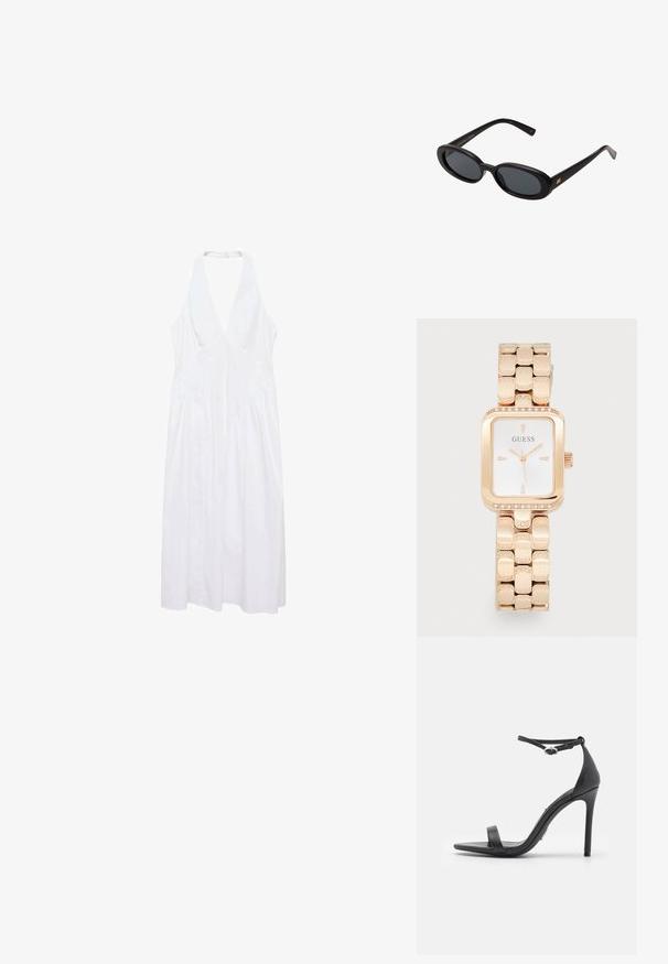 Witte mouwloze jurk met een diepe V-hals, geplooide zijkanten en een vloeiende A-lijn silhout. Gemaakt van lichte stof.; Zwarte hoge hakken sandalen met een open teen, dunne banden en een enkelsluiting. Gladde leren textuur met een puntige neus.; Zwarte oversized zonnebril met ovale lenzen, een glad plastic montuur en gouden accenten op de pootjes. Donkere lenzen bieden bescherming tegen de zon.; Roze gouden rechthoekige horloge met een metalen band, edelsteenaccenten op de bezel en een witte wijzerplaat met zwarte markeringen en wijzers.