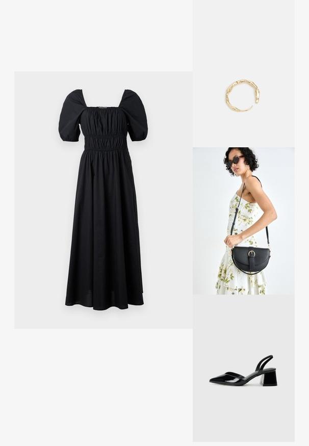 Crna maksi haljina s napučenim rukavima, kvadratnim izrezom i gumicama u struku. Izrađena od lagane tkanine, ima lepršavi dizajn.; Crne lakirane kožne sandale s otvorenom petom i špicastim vrhom, s geometrijskom blok petom. Imaju elegantan, minimalistički dizajn i glatku teksturu.; Crna kožna torba s lukovitim oblikom, odvojivim remenom i zlatnim detaljima. Torba ima preklop s kopčom.; Prsten u zlatnoj nijansi s organskim, uvijenim dizajnom, glatkom teksturom i suženim krajevima, koji stvara moderan, skulpturalni izgled.