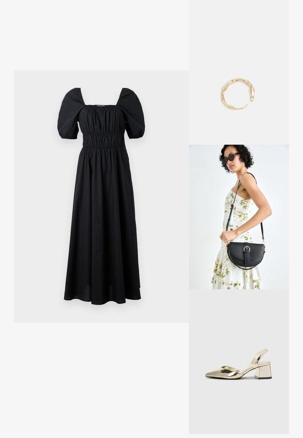 Schwarzes Maxikleid mit Puffärmeln, quadratischem Ausschnitt und geraffter Taille. Aus leichtem Stoff gefertigt, bietet es ein fließendes Design.; Goldene, metallische Slingback-Absätze mit spitzem Zeh und dicker Ferse. Glatte Textur, minimalistisches Design und ein schmaler Riemen.; Schwarze Lederhandtasche mit geschwungener Form, abnehmbarem Tragegurt und goldenen Beschlägen. Die Tasche verfügt über einen Deckel mit einer Schnallen-Details.; Goldfarbener Ring mit einem organischen, gedrehten Design, glatter Oberfläche und sich verjüngenden Enden, was ein modernes, skulpturales Erscheinungsbild erzeugt.