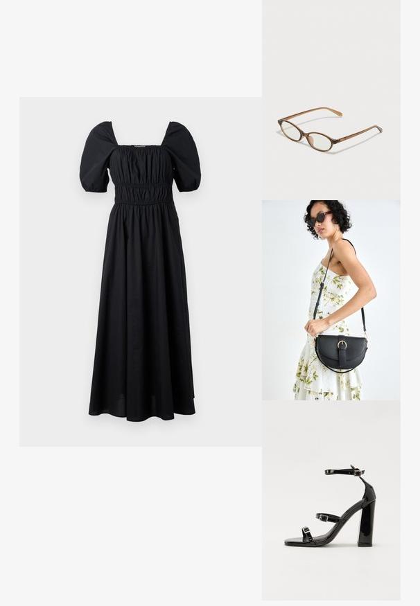 Rochie maxi neagră cu mâneci bufante, decolteu pătrat și talie elastică. Fabricată dintr-un material ușor, are un design fluid.; Sandale cu toc din patent negru, cu vârf pătrat, curele la gleznă și catarame din argint. Dispune de un toc gros pentru stabilitate.; Ochelari în nuanță de țestoasă maro, cu lentile ovale, brațe subțiri și accente transparente. Prezintă un logo subtil pe tâmplă. Design elegant și ușor.; Geantă din piele neagră, cu o formă curbată, curea detașabilă și accesorii aurii. Geanta are un capac cu un detaliu tip cataramă.