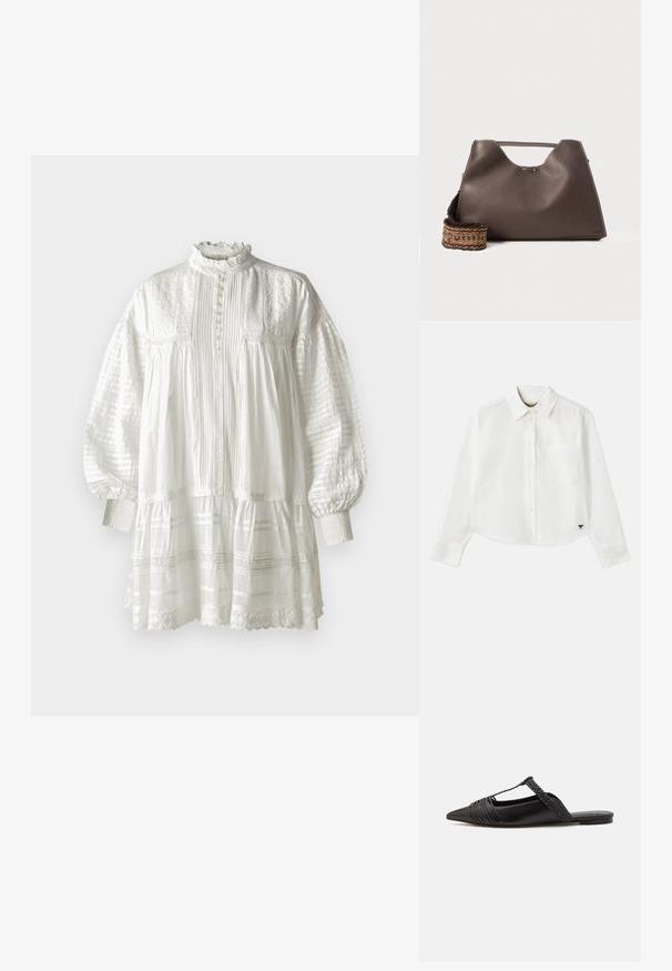 Vanessa Bruno DIANE - Freizeitkleid - blanc; Weißes, kurzes Langarmhemd aus Baumwolle. Verfügt über eine durchgehende Knopfleiste, eine Brusttasche und ein kleines schwarzes Logo unten links.; Schwarzer Leder-Slingback-Schuh mit spitzem Zehenbereich, ausgestattet mit einem geflochtenen Akzent und einem gefalteten Oberdesign. Flache Sohle mit minimalem Zubehör.; Braune Lederhandtasche mit strukturiertem Finish, kantigem Design und einem markanten oberen Griff. Verfügt über ein gemustertes, geflochtenes Riemendetail.