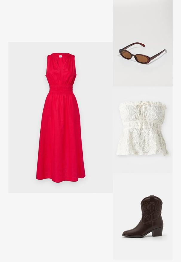 GAP HALTER - Robe de jour - slipper red; Haut blanc sans bretelles en dentelle texturée avec un corsage smocké et un ourlet froncé. Dispose d'un détail à nouer au niveau de l'encolure.; Bottes de cowboy en cuir marron avec des bouts pointus, des motifs d'ailes gaufrés, un talon bloc de hauteur intermédiaire et une languette à l'arrière.; Lunettes de soleil rondes teinte brun avec une monture bordeaux brillante. Branches fines avec un détail de marque subtil. Design de verres plats.