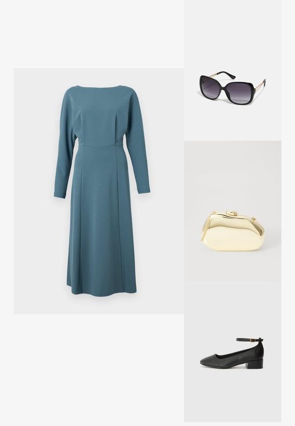 Langermet kjole i teal-stoff, med rund halsutskjæring, tettsittende liv og svajende skjørt med en søm foran for struktur.; Sorte skinnpumper med spiss tå og lav blokkhelt. Har ankelrem med gullfarget spenne. Glatt tekstur.; Sorte oversized solbriller med gradient linser, tykke rammer og detaljering med gulltonekjede på tempelarmene.; Metallisk gull clutch med en glatt, rund form, med en toppknapp-lås og et lite kjede for bæring.