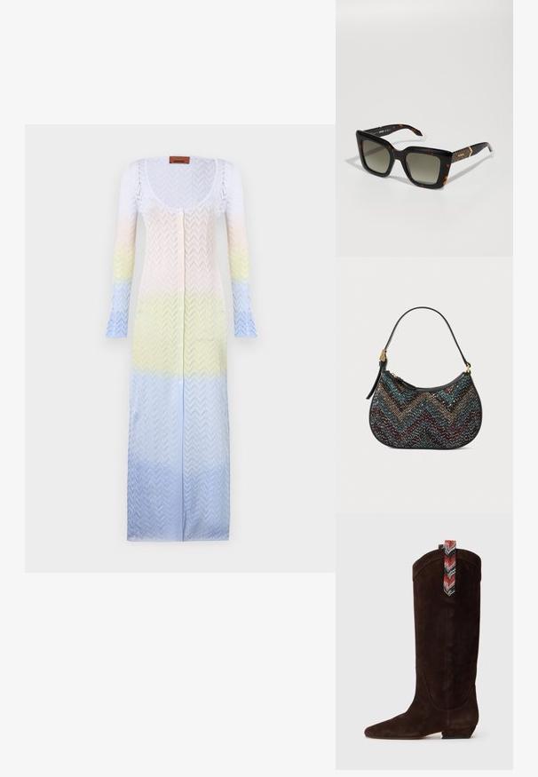 Stickad lång cardigan med en gradient av mjuka pastellfärger: vitt, gult och ljusblått, med ett chevronmönster och knäppning fram.; Brun mockakänga i knähöjd med spetsig tå och låg blockklack. Har en mönstrad, flerfärgad dragflik bak.; Acetat solglasögon med sköldpaddsmönster, bred fyrkantig form, gråtonade linser och dekorativa guldförzieringar på båge.; Svart handväska med en kurvad form, prydd med ett flerfärgat chevronmönster och metalltråd. Den har en läderrem och guldfärgade detaljer.