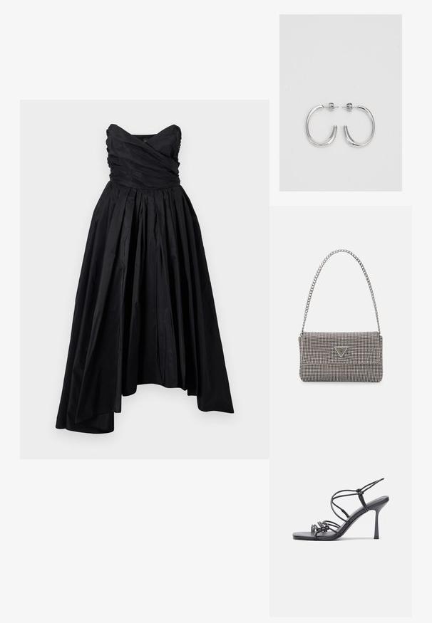 Melnā bezsgrādes vakara kleita ar sakrautu korpusu un pilnu, plūstošu svārku. Izgatavota no strukturēta auduma, ar krokām un augstu-zemu apakšmalu.; Melnas augstpapēžu sandales ar plāniem siksniņām un mezgla dizainu, gluda kvadrātveida purngalu un elegantu stiletto papēdi.; Gaiši pelēka metāla rokassoma ar ķēdes siksnu, rotāta ar mazām apaļām metāla kniedēm un trīsstūra zīmola logo.; Sudraba riņķveida auskari ar gludu, spīdīgu apdari. Apaļas formas, viegla dizaina, ar aizdari uz stieples.