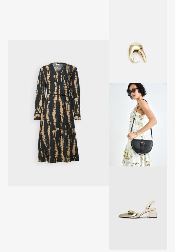 Kombinirana dolga obleka z dolgimi rokavi, ki ima abstrakten vzorec v črni in zlati barvi, V-izrez in pas, ki je opremljen z zamotano kakovostno tkanino.; Zlati, kovinski slingback čeveljci z ostrim nosom in masivnim peto. Gladka tekstura, minimalistična zasnova in ozka zanka.; Črna usnjena torbica s ukrivljeno obliko, z odstranljivo naramnico in zlatimi dodatki. Torbica ima pokrov s podrobnostmi v obliki zaponke.; Uhane nakit iz zlatastega tona z gladko, ukrivljeno zasnovo. Ima edinstveno koničasto obliko, polirano površino in zaponko s tečajem.